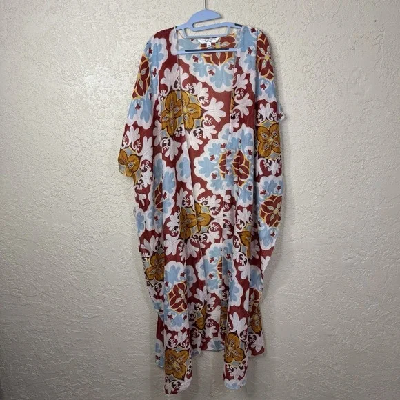 Womens Bohemian Floral Longline Kimono Open Duster Cardigan One Size Resort Pool - Picture 9 of 9